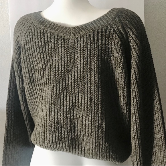 A.peach Olive Green V neck Ribbed Sweater - Picture 3 of 8